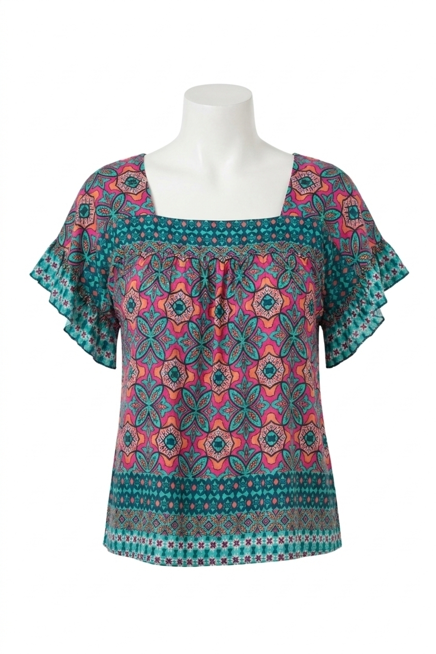 NEW TRIBAL peggy printed square neck blouse in atlantic